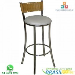 Banqueta DO 305 cromada alta com encosto em junco sintético natural assento Dunas branco