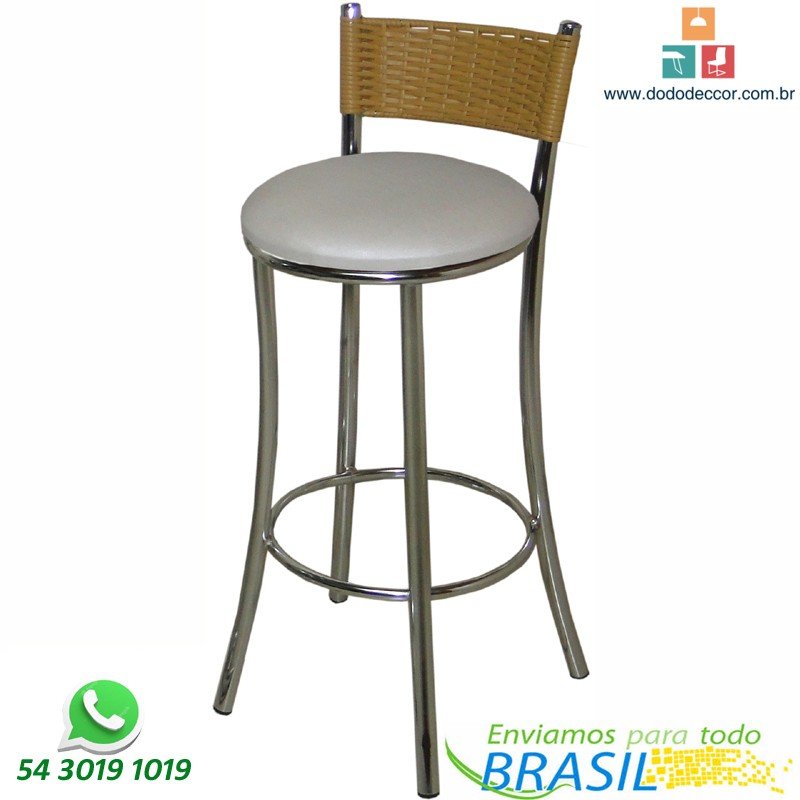 Banqueta DO 305 cromada alta com encosto em junco sintético natural assento Dunas branco