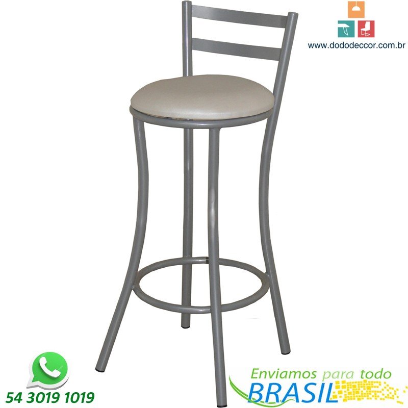 Banqueta para cozinha base cinza tubular assento redondo em dunas branco