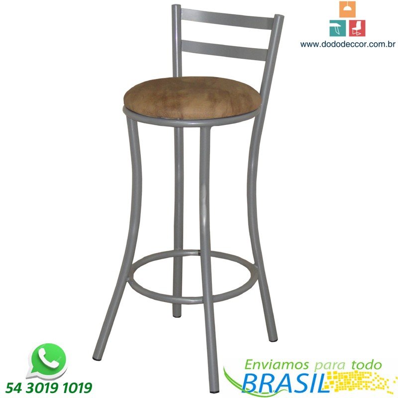 Banqueta para cozinha base cinza tubular assento redondo em croco bége