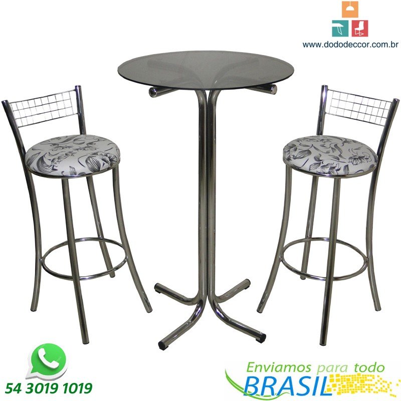 Conjunto bistrô e banquetas cromados assento floral branco preto encosto aramado