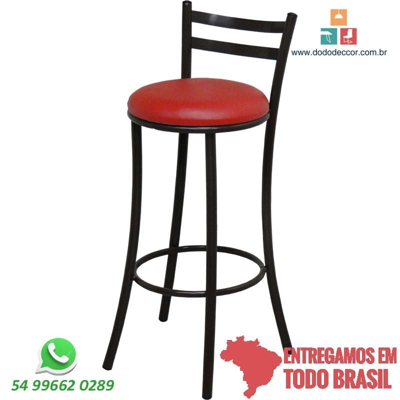 Banqueta para cozinha americana tubular preta assento redondo courino vermelho