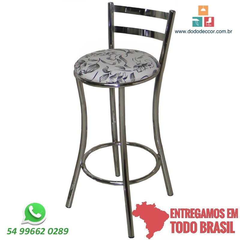 Corino floral branco preto no assento encosto de chapa horizontal acabamento cromado Corino floral branco preto no assento encosto de chapa horizontal acabamento cromado