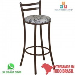 Banqueta tubular base marrom estofado redondo courino floral branco preto