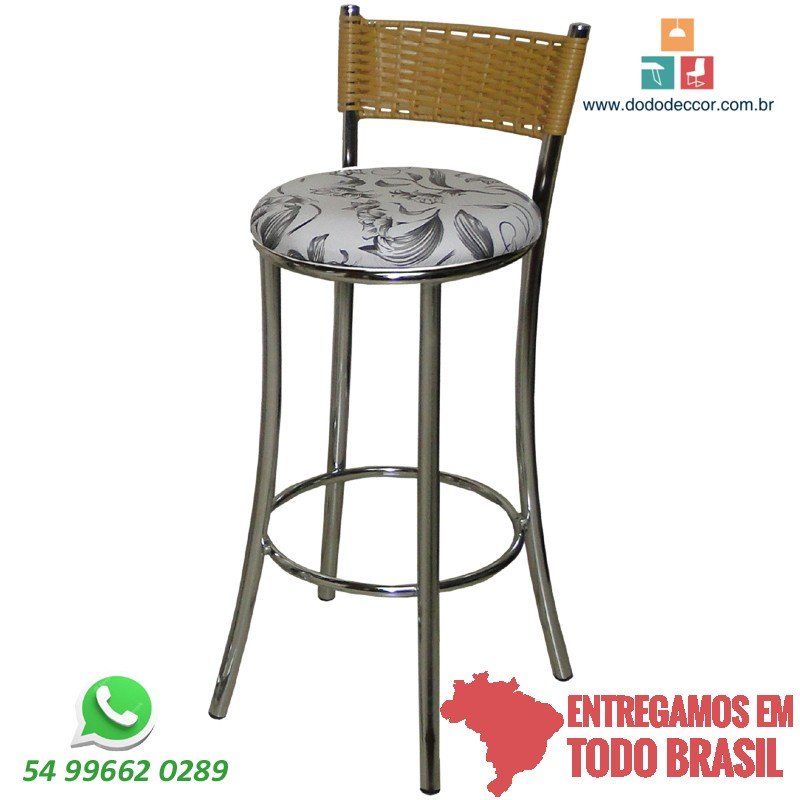 Banqueta DO 305 cromada alta com encosto em junco sintético natural