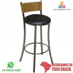 Banqueta alta cromada encosto em junco marfim assento em dunas preto