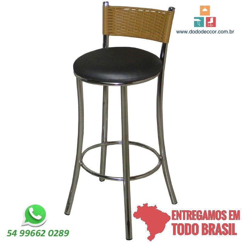 Banqueta alta cromada encosto em junco marfim assento em dunas preto Banqueta alta cromada encosto em junco marfim assento em dunas preto