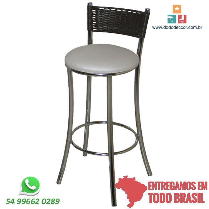 Banqueta cromada para copa americana alta fibra sintética no encosto marrom tabaco