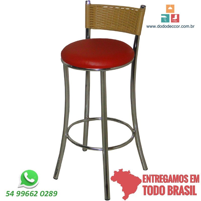 Banqueta tubular cromada encosto em junco sintético tramado assento corino vermelho