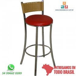 Banqueta tubular cromada encosto em junco sintético tramado assento corino vermelho