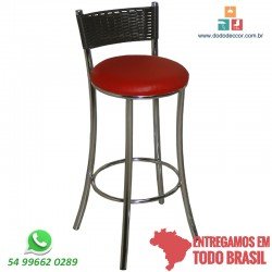 Banqueta Alta Cromada com Assento em Corino Vermelho e Encosto em Junco Sintético Tabaco