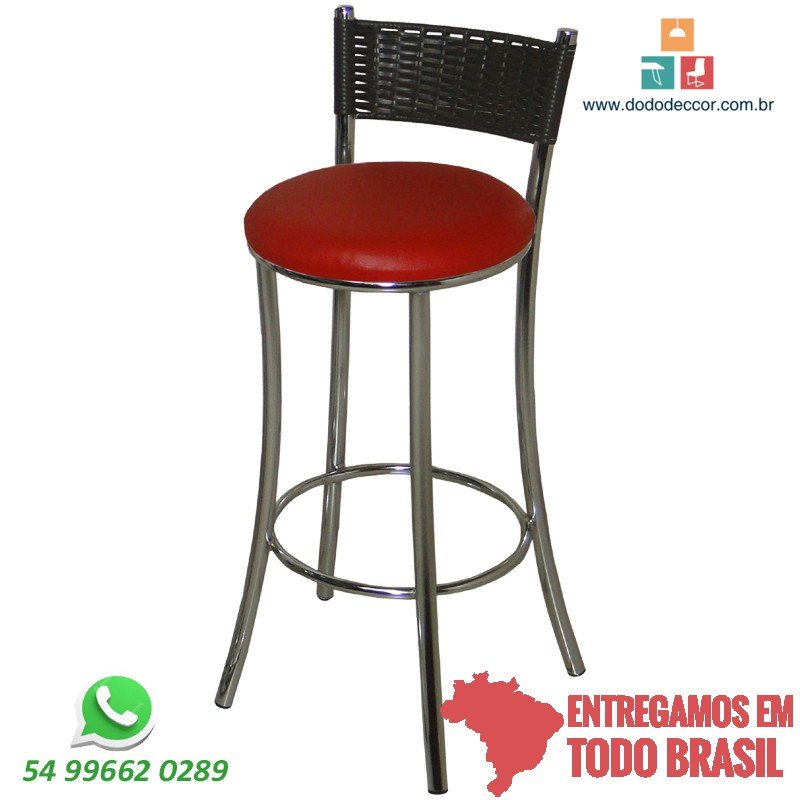 Banqueta Alta Cromada com Assento em Corino Vermelho e Encosto em Junco Sintético Tabaco