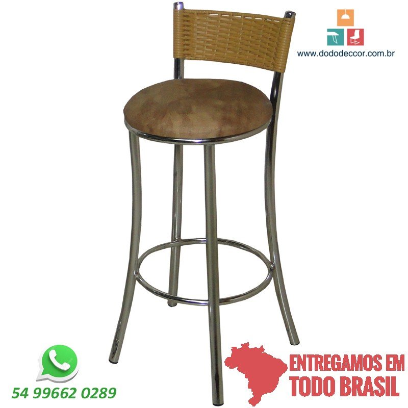 Banqueta alta cromada assento croco bége encosto em junco natural Banqueta alta cromada assento croco bége encosto em junco natural