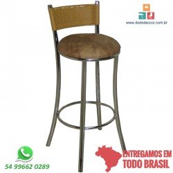 Banqueta alta cromada assento croco bége encosto em junco natural