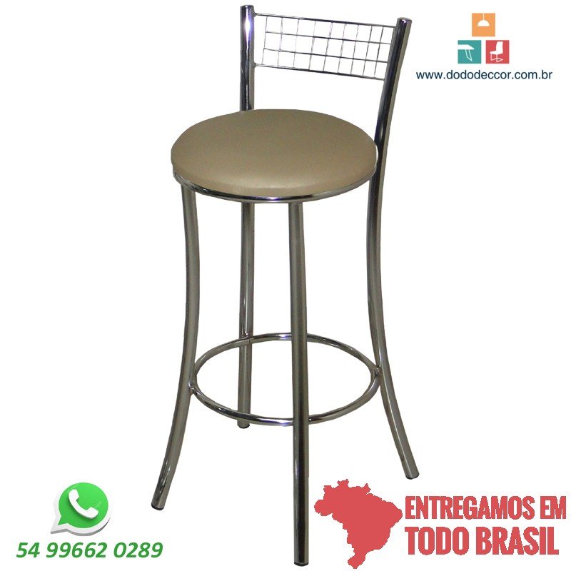 Banqueta aramada cromada alta assento redondo revestido em facto dunas champagne Banqueta aramada cromada alta assento redondo revestido em facto dunas champagne