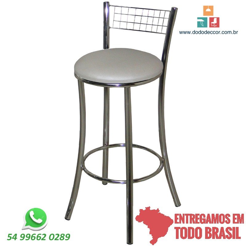 Banqueta aramada cromada alta assento redondo em facto dunas branco Banqueta aramada cromada alta assento redondo em facto dunas branco