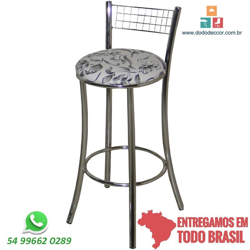 Banqueta para bancada aramada alta cromada estofado redondo floral banco com preto Banqueta para bancada aramada alta cromada estofado redondo floral banco com preto