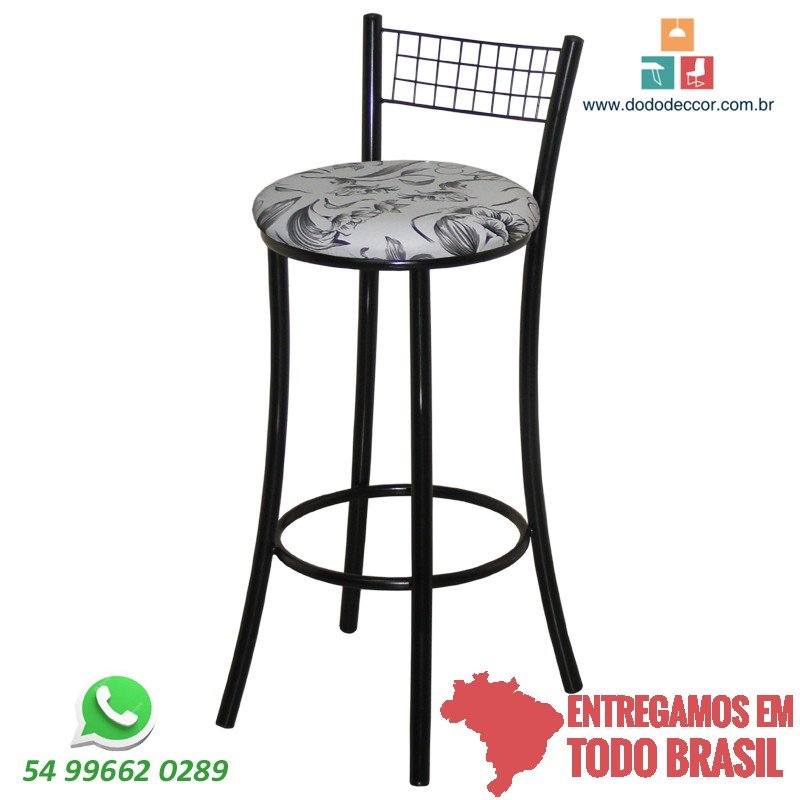 Banqueta aramada alta pintura epóxi preta assento redondo estado revestimento floral branco preto