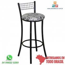 Banqueta aramada alta pintura epóxi preta assento redondo estado revestimento floral branco preto