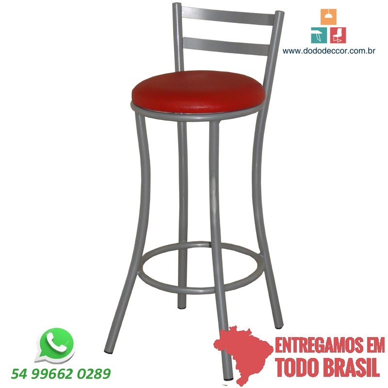 Banqueta para cozinha e bancadas base cinza estofado redondo vermelho