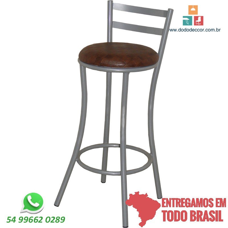 Banqueta base cinza encosto chapa assento redondo revestido em corino courvin marrom xadrez Banqueta base cinza encosto chapa assento redondo revestido em corino courvin marrom xadrez