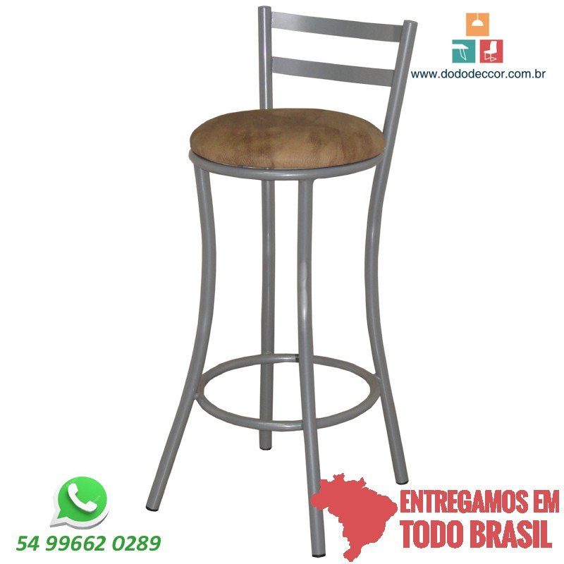 Banqueta para cozinha base cinza tubular assento redondo em croco bége