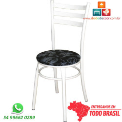 Cadeira reforçada para cozinha, assento redondo florido, estrutura branca encosto moldado