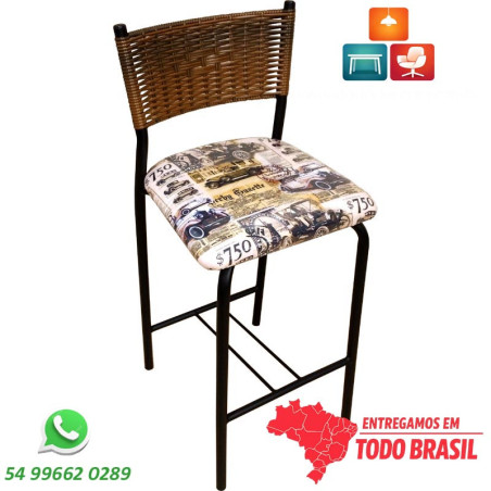 Banqueta média encosto em junco sintético assento plastificado tecido estampado