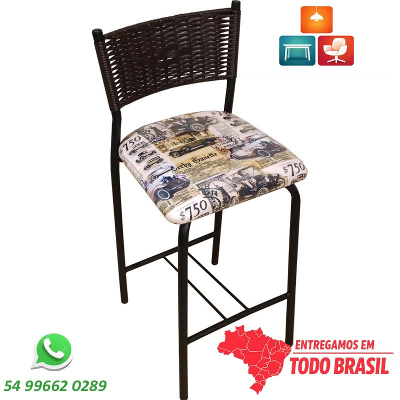 Encosto em junco marrom, banqueta média assento decorado