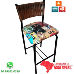 Banqueta DO 325 média encosto junco castanho mesclado assento cervejaria vintage plastificado