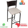 Banqueta média preto fosco com encosto marrom tabaco e assento Natural Linen