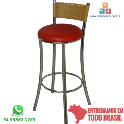 Banqueta alta preto fosco encosto junco marfim assento vermelho
