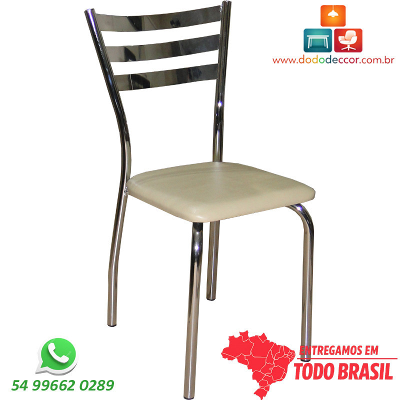 Cadeira cromada para sal de jantar com assento bége claro encosto em chapa